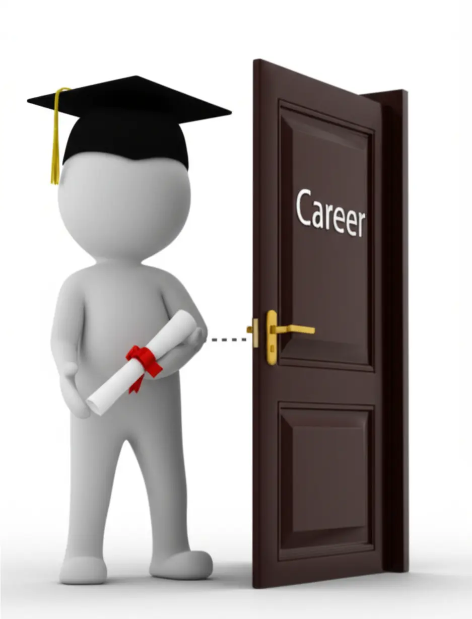 A-3D-image-illustrating-a-person-figure-receiving-a-certificate-and-being-linked-to-a-stylized-building-or-door,-representing-the-connection-between-getting-a-license-and-finding-a-job.