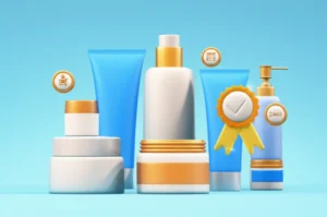 Cute-3D-rendering-of-cosmetic-products-with-icons-for-quality-control-and-regulations.