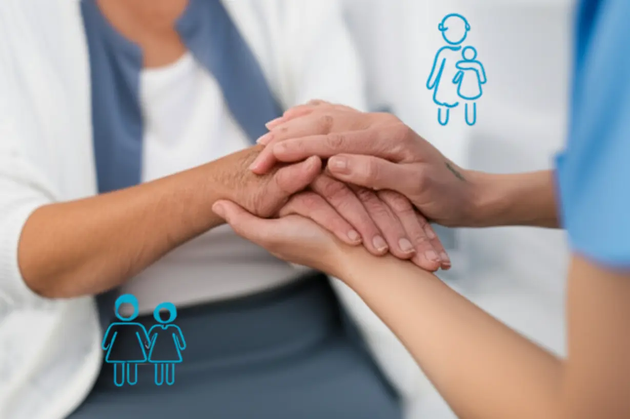 3D-rendering-showing-a-caregiver-assisting-someone,-with-icons-representing-infants-and-mothers