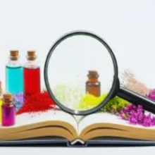 A-cute-3D-image-featuring-cosmetic-ingredients,-an-open-book,-and-a-magnifying-glass,-symbolizing-the-study-and-expertise-in-customized-cosmetics.