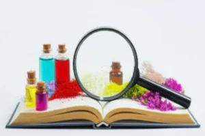 A-cute-3D-image-featuring-cosmetic-ingredients,-an-open-book,-and-a-magnifying-glass,-symbolizing-the-study-and-expertise-in-customized-cosmetics.