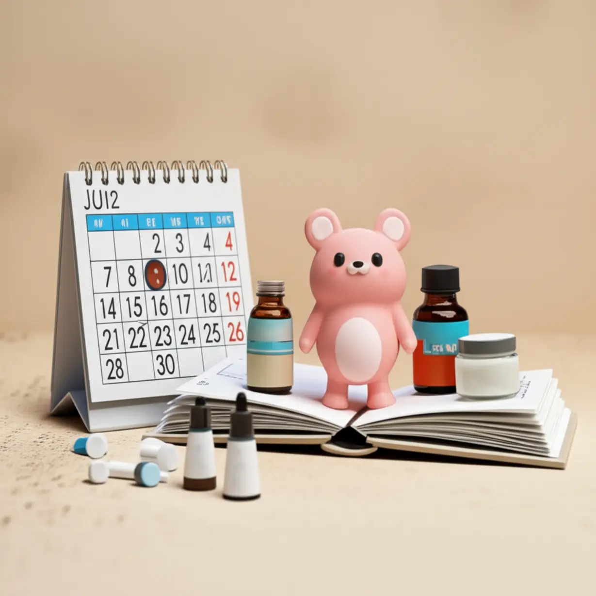 A-cute-3D-image-showing-a-calendar-with-important-dates-and-an-open-book,-symbolizing-exam-schedules-and-study-for-cosmetics-certification.