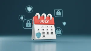 7월-둘째-수요일이-표시된-달력과-디지털-보안-아이콘이-있는-귀여운-3D-이미지