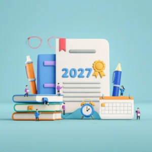 A-3D-illustration-showing-icons-related-to-the-Korean-civil-servant-exam-reform,-including-books,-pens,-a-calendar,-and-a-certificate.