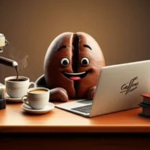 노트북-앞에-앉아-커피를-공부하는-귀여운-3D-커피콩-캐릭터-이미지.-주변에는-커피잔,-커피-머신,-책이-있다.