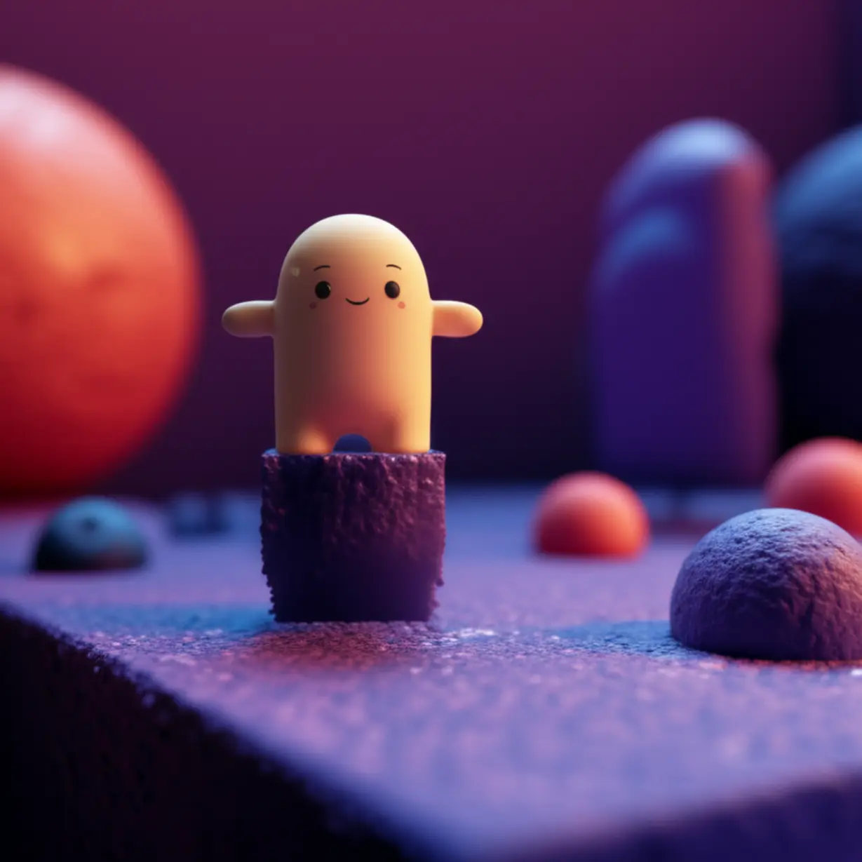 Cute-3D-illustration-of-dark,-challenging-ground-with-slightly-distressed-abstract-characters-representing-