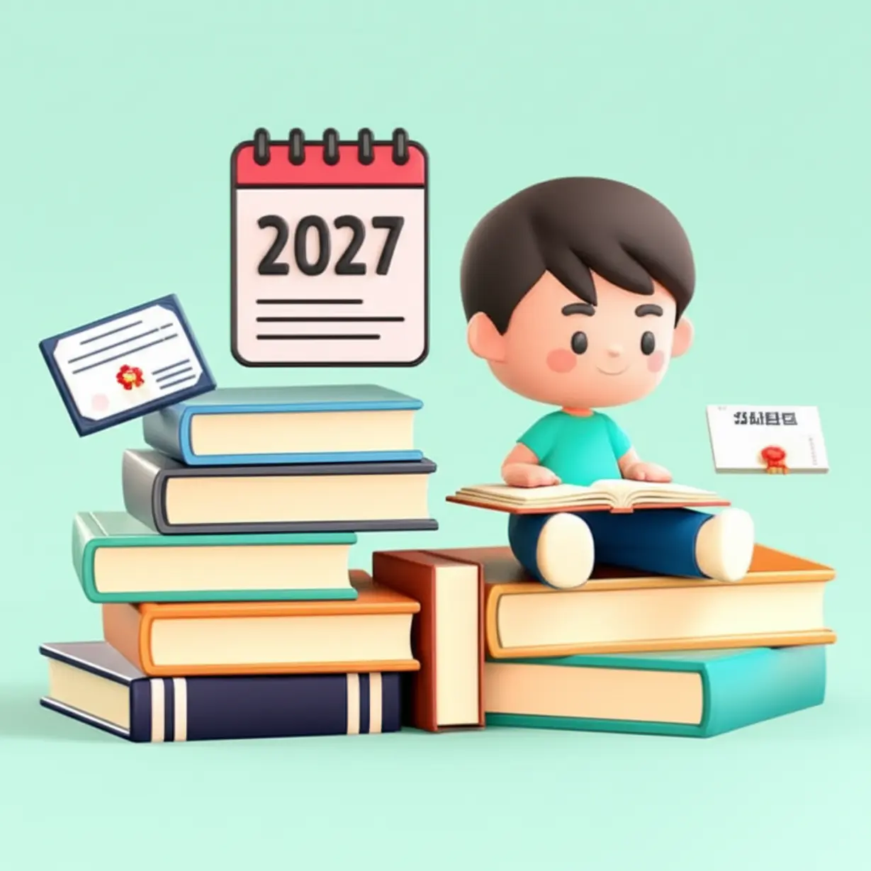A-3D-illustration-of-a-student-figure-studying-with-books,-representing-preparation-for-the-changed-civil-servant-exam.