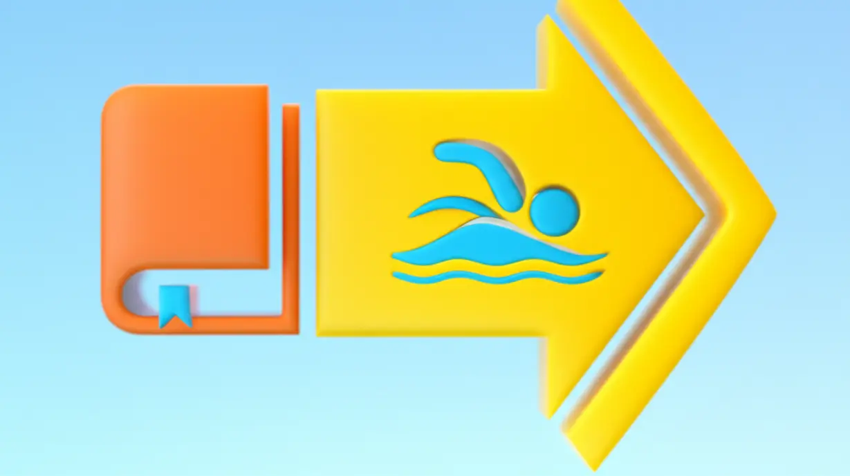 이론과-실습을-상징하는-귀여운-3D-책과-수영하는-사람-아이콘