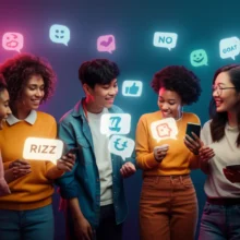 다양한-젊은-사람들이-'rizz',-'goat',-'no-cap'과-같은-영어-슬랭-기호가-담긴-빛나는-말풍선과-상호작용하는-귀여운-3D-일러스트