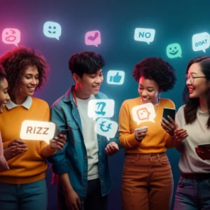 다양한-젊은-사람들이-'rizz',-'goat',-'no-cap'과-같은-영어-슬랭-기호가-담긴-빛나는-말풍선과-상호작용하는-귀여운-3D-일러스트