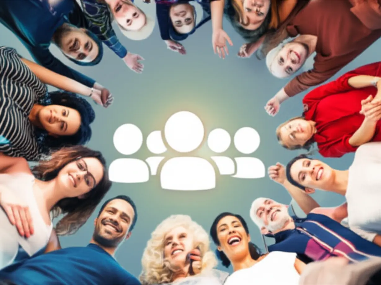 A-3D-image-showing-various-cartoon-like-people-standing-together-around-a-symbol-of-community,-illustrating-broad-social-support.