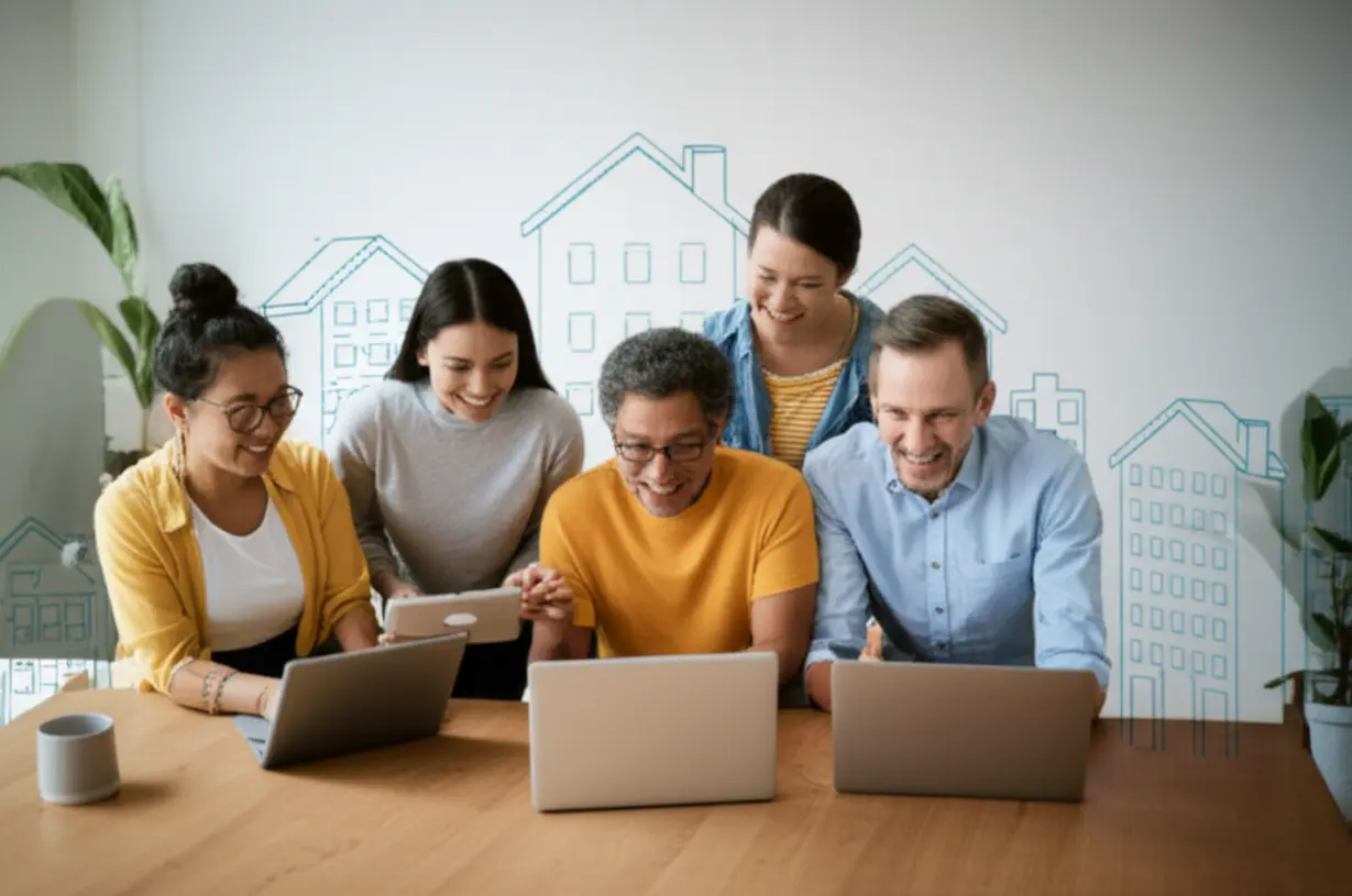 Diverse-group-of-people-studying-building-management-online,-with-stylized-buildings-in-the-background.
