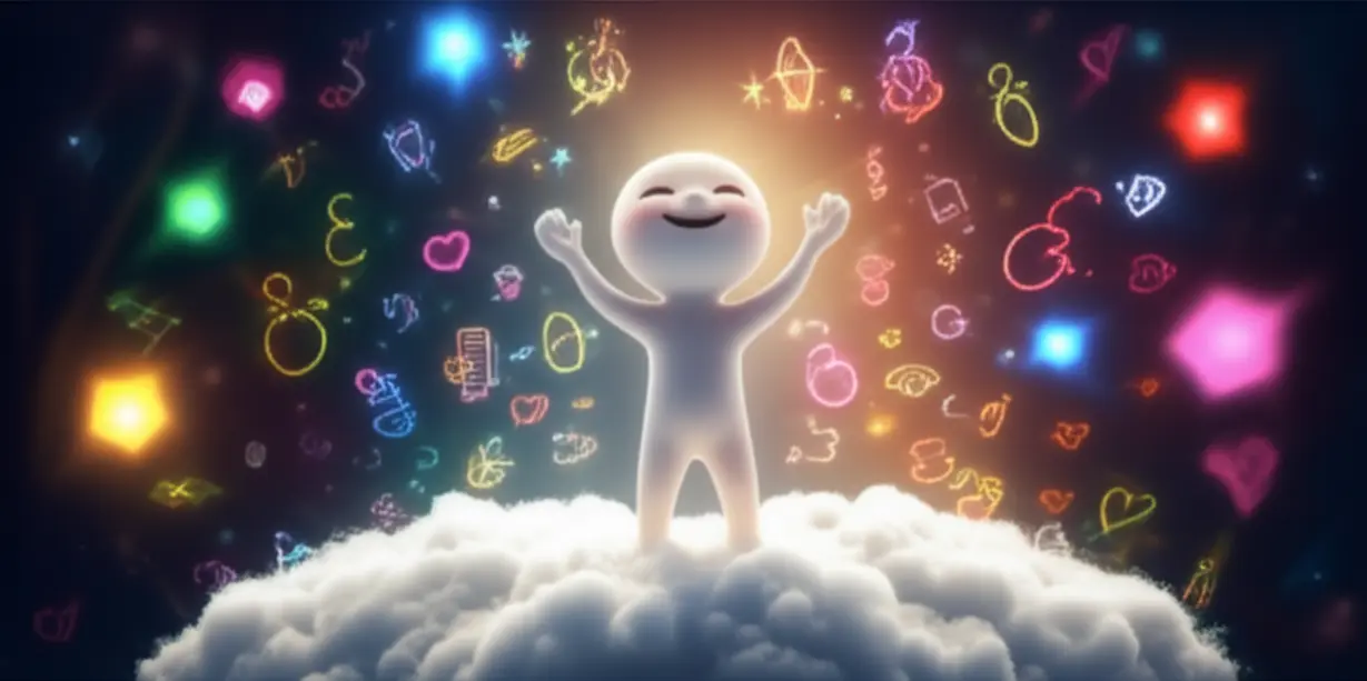 구름-위에-서서-기뻐하는-추상적인-사람의-3D-이미지,-주변에-희망과-꿈을-상징하는-빛과-형태들이-반짝임