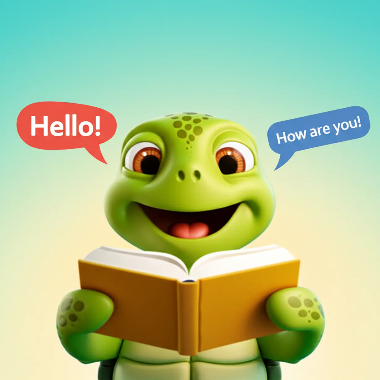 A-3D-illustration-of-a-cheerful-sea-turtle-holding-an-open-English-textbook,-demonstrating-simple-phrases,-signifying-easy-language-learning-through-animation.