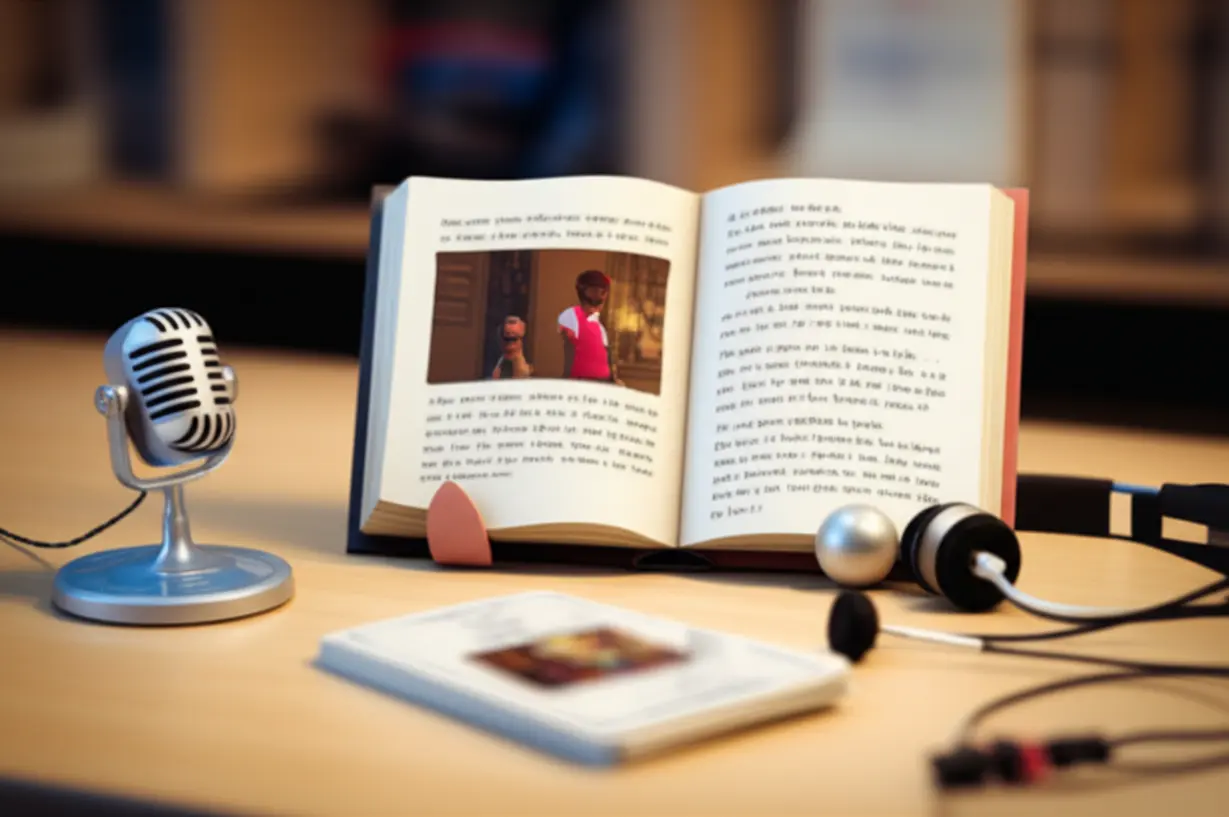 A-3D-illustration-of-an-open-animation-script-book-with-a-microphone,-headphones,-and-flashcards-on-a-study-desk,-representing-structured-language-learning.