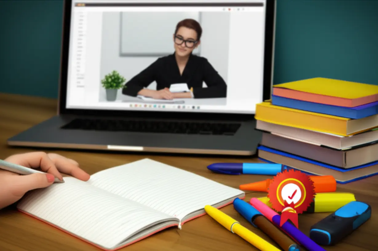 Person-using-effective-study-methods-like-note-taking-and-reviewing,-with-symbols-representing-accreditation.