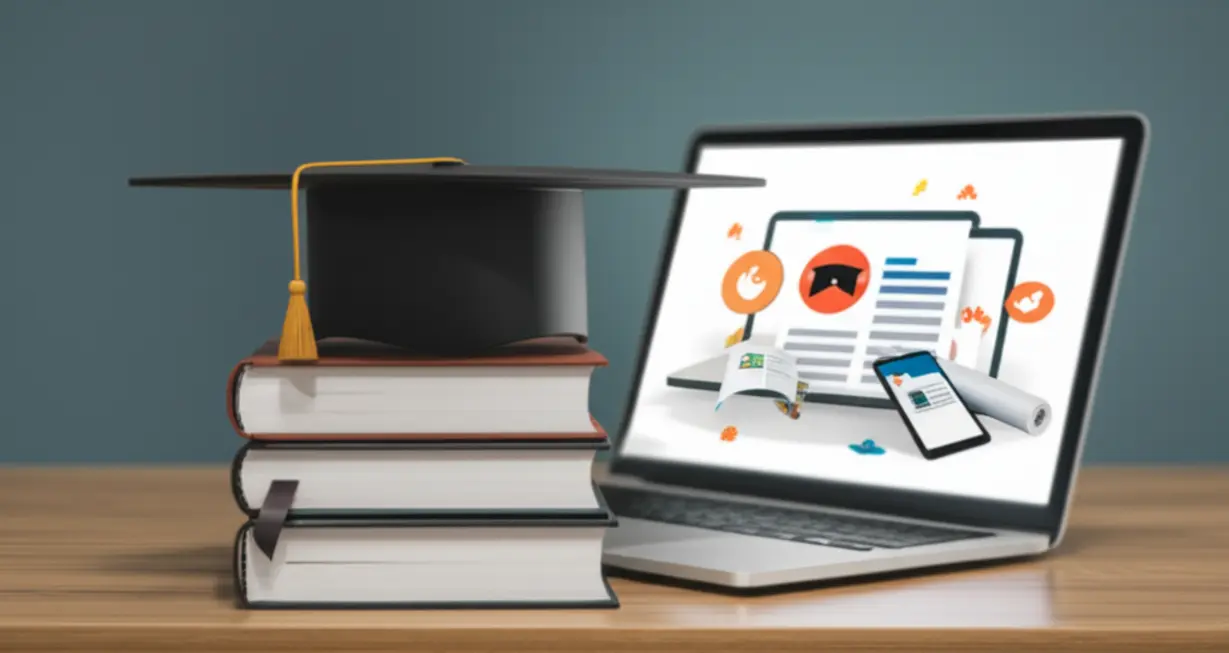 A-3D-illustration-showing-a-graduation-cap,-books,-and-a-laptop-screen-with-online-study-materials,-representing-educational-requirements-for-a-license.