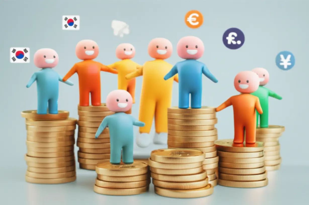 전-국민-자격을-상징하는-추상적인-사람-형상과-차등-지원-금액을-상징하는-다양한-높이의-동전-더미가-있는-귀여운-3D-이미지