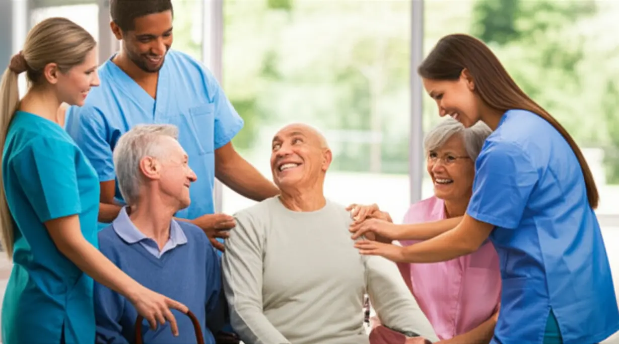 A-3D-image-depicting-a-diverse-community-interacting-positively,-representing-various-employment-and-activity-areas-for-elderly-living-instructors.