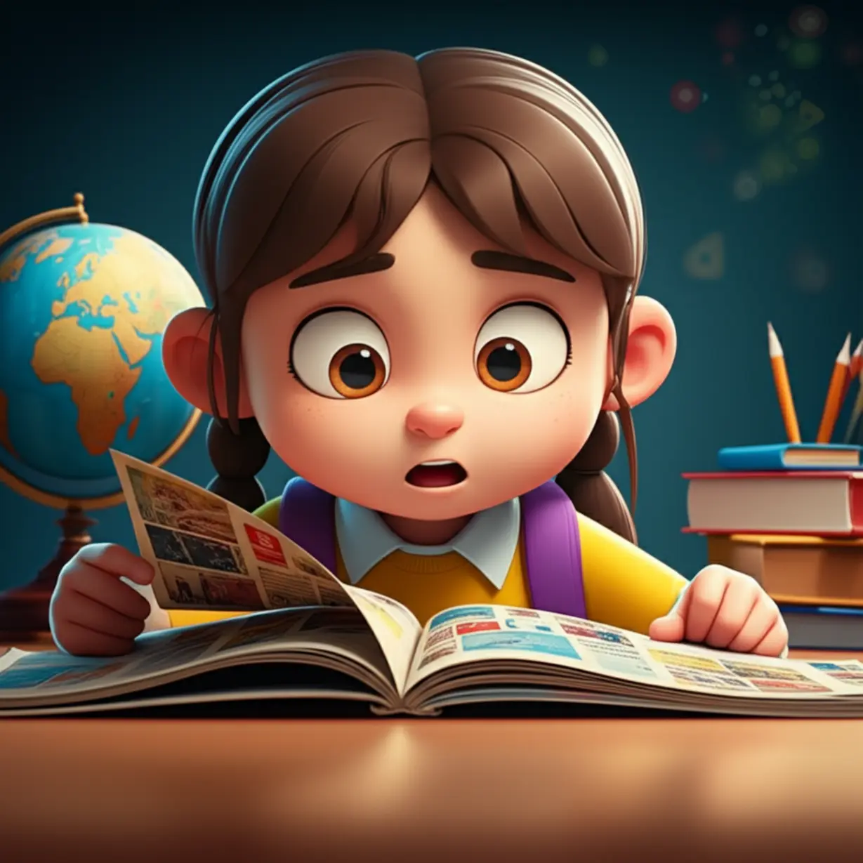 Cute-3D-illustration-of-a-middle-school-student-engaged-with-a-diverse-and-colorful-magazine.