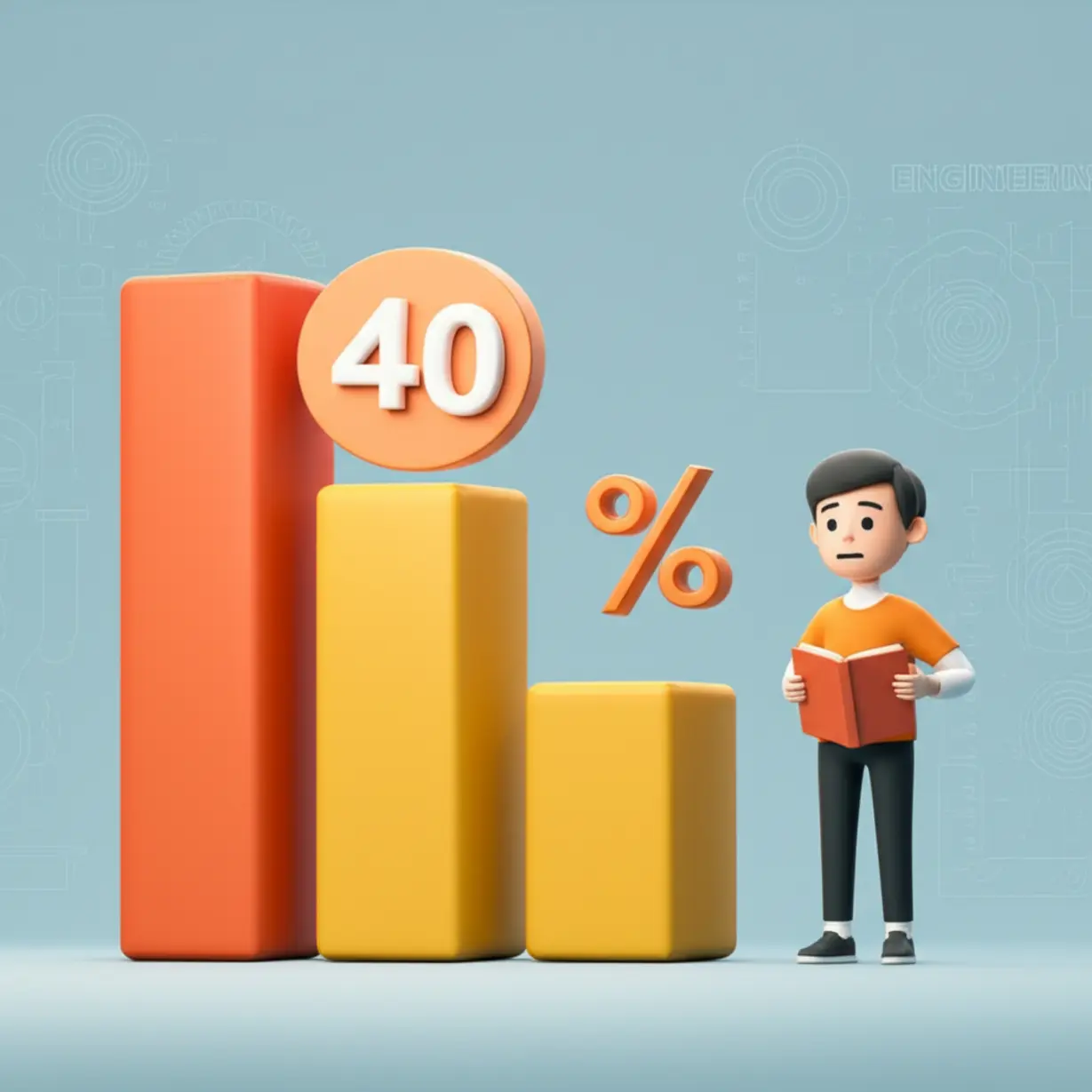 A-cute-3D-bar-graph-indicating-a-40%-pass-rate,-with-a-determined-figure-and-textbooks,-symbolizing-exam-difficulty-and-the-effort-required.