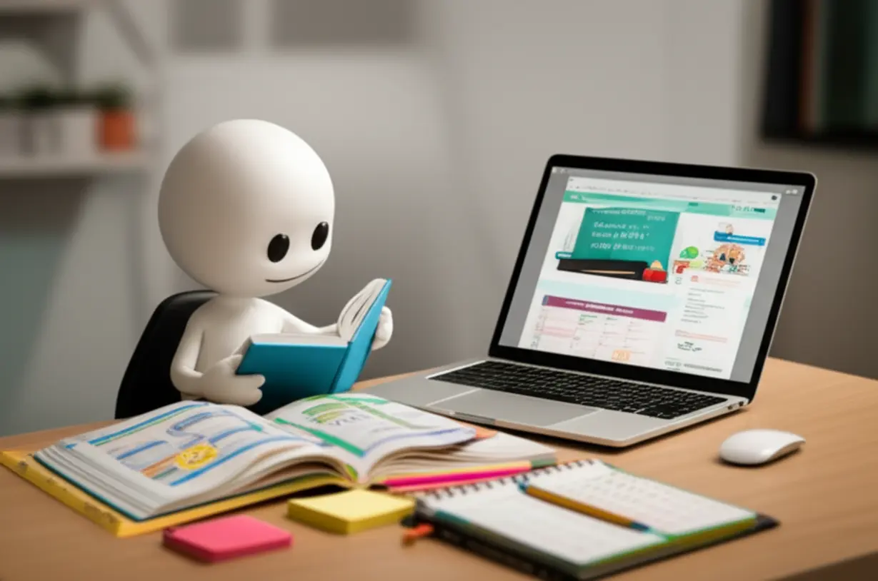 A-3D-illustration-of-a-person-studying-at-a-desk-with-books-and-a-laptop,-symbolizing-exam-preparation.