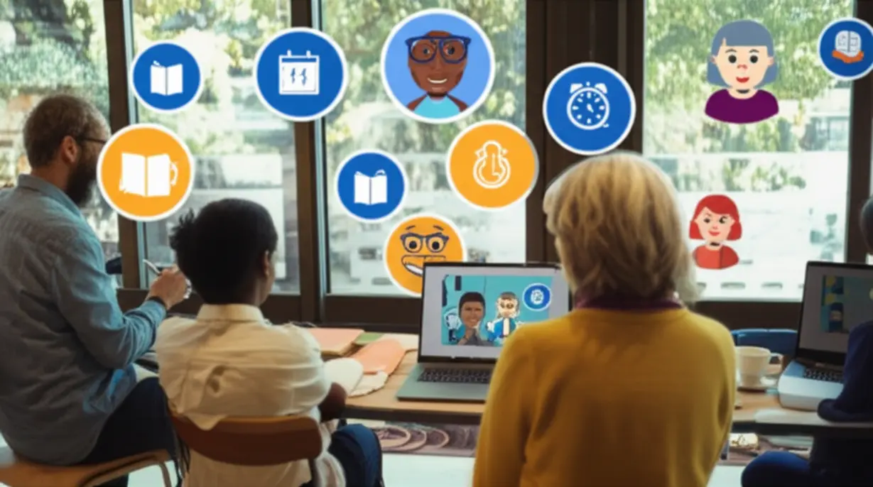Illustration-of-diverse-people-studying-on-screens-in-various-locations,-representing-flexibility.