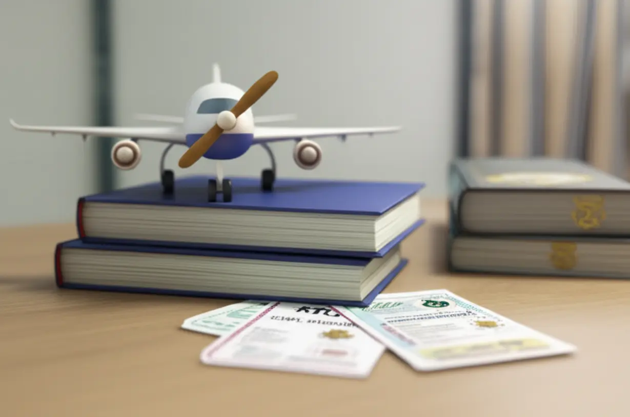 A-cute-3D-image-of-a-stylized-desk-with-a-miniature-airplane-model,-textbooks,-and-pilot-licenses-(PPL,-CPL,-ATPL),-representing-the-stages-of-flight-training-and-certification.