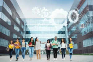 학생들이-현대적인-대학-건물-앞에서-책과-태블릿을-들고-서-있는-모습.-배경에는-기술과-성장을-상징하는-기어와-회로-기판이-추상적으로-표현되어-있다.