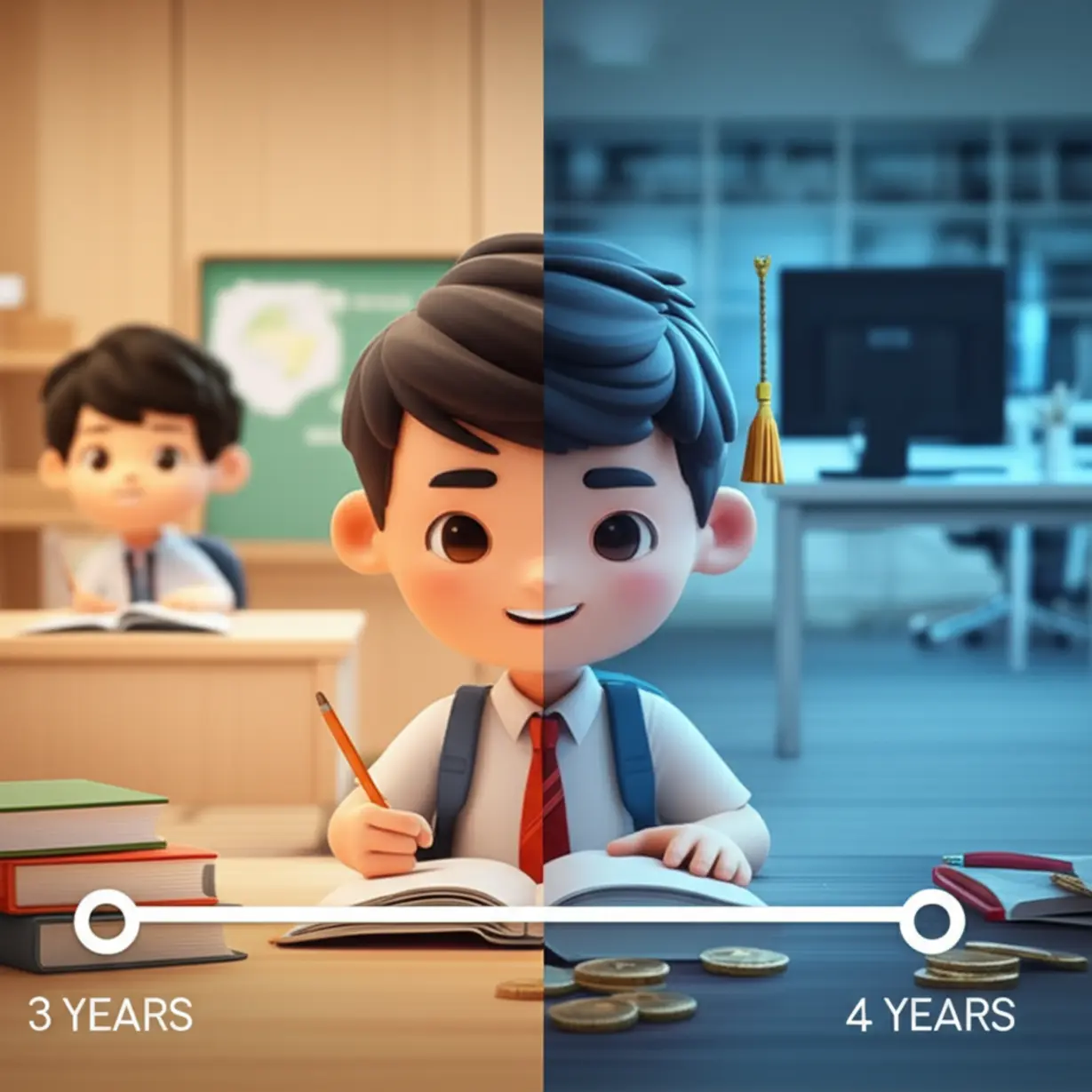 화면이-분할되어-한쪽에는-현대적인-교실에서-공부하는-학생,-다른-한쪽에는-사무실에서-일하는-학생이-보인다.-3년에서-4년으로의-변화를-나타내는-타임라인과-학비-지원을-상징하는-동전-아이콘이-포함되어-있다.