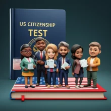 Diverse-individuals-with-visa-forms-and-citizenship-test-book,-representing-US-immigration.