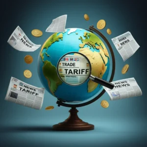뉴스-헤드라인과-무역-관련-단어가-강조된-지구본-이미지