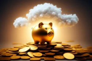 빛나는-황금-돼지-저금통과-금화,-그-위로-행운의-상징이-떠다니는-꿈-구름이-있는-3D-이미지