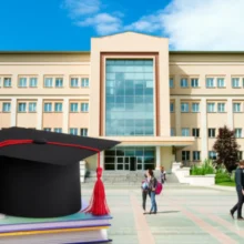 Modern-school-building-with-students-and-academic-symbols