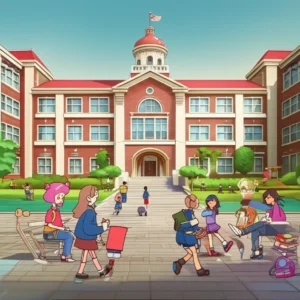 Cute-3D-illustration-of-a-school-building-with-students-studying-nearby.