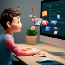 정부-지원으로-게임-개발을-배우는-귀여운-3D-캐릭터가-컴퓨터-앞에서-웃고-있는-모습