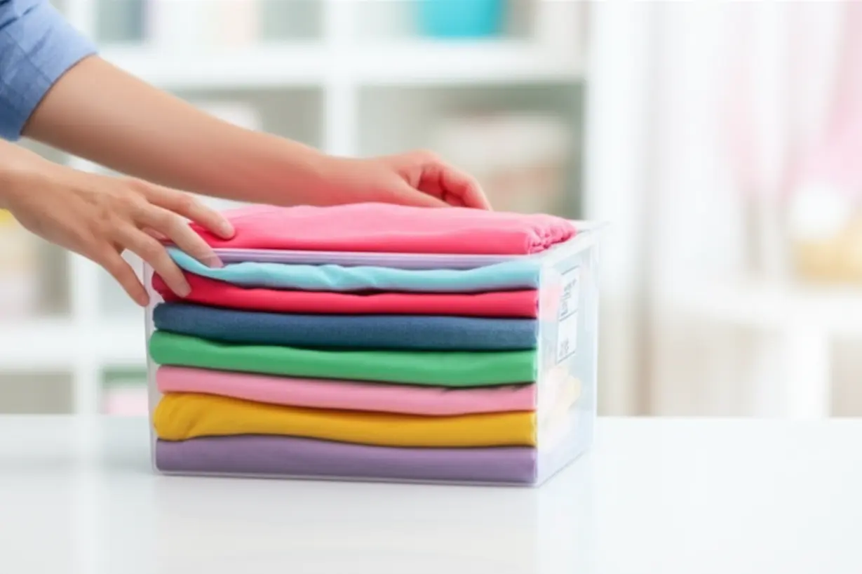 A-cute-3D-rendering-of-hands-neatly-placing-folded-items-into-a-storage-box,-illustrating-the-practical-work-of-organization.