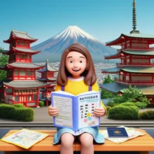 일본-여행을-위해-작은-일본어-학습지를-행복하게-공부하는-3D-캐릭터