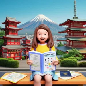 일본-여행을-위해-작은-일본어-학습지를-행복하게-공부하는-3D-캐릭터