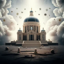 Cute-3D-illustration-depicting-contrasting-zones-representing-happiness-(clouds),-difficulty-(dark-ground),-and-luxury-(palace),-with-simple-abstract-characters.