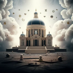 Cute-3D-illustration-depicting-contrasting-zones-representing-happiness-(clouds),-difficulty-(dark-ground),-and-luxury-(palace),-with-simple-abstract-characters.