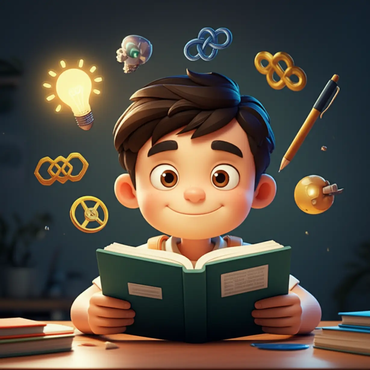 Cute-3D-illustration-of-a-middle-school-student-looking-confident-after-reading,-surrounded-by-symbols-of-learning-and-ideas.