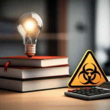 A-cute-3D-illustration-of-textbooks,-a-calculator,-and-a-hazardous-materials-symbol,-symbolizing-the-study-for-the-Industrial-Engineer-Hazardous-Materials-exam.