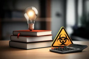 A-cute-3D-illustration-of-textbooks,-a-calculator,-and-a-hazardous-materials-symbol,-symbolizing-the-study-for-the-Industrial-Engineer-Hazardous-Materials-exam.