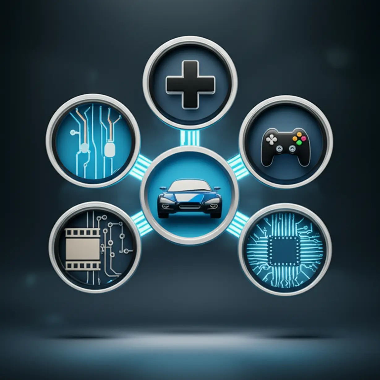 다섯-가지-전공을-상징하는-상호-연결된-아이콘들:-의료용-십자가와-회로(바이오의료기기),-게임-컨트롤러와-필름-릴(게임·영상),-미래형-자동차와-회로(미래자동차),-웨이퍼와-빛(반도체·디스플레이),-마이크로칩(반도체설계).-혁신과-미래-직업-경로를-나타낸다.