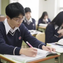 Cute-3D-rendering-of-Korean-high-school-students-studying-intensely-in-a-classroom-setting.
