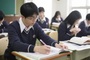 Cute-3D-rendering-of-Korean-high-school-students-studying-intensely-in-a-classroom-setting.
