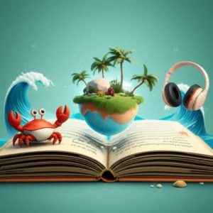 A-3D-illustration-of-an-open-English-script-book-for-animation,-with-headphones-and-ocean-elements,-symbolizing-enjoyable-language-learning.