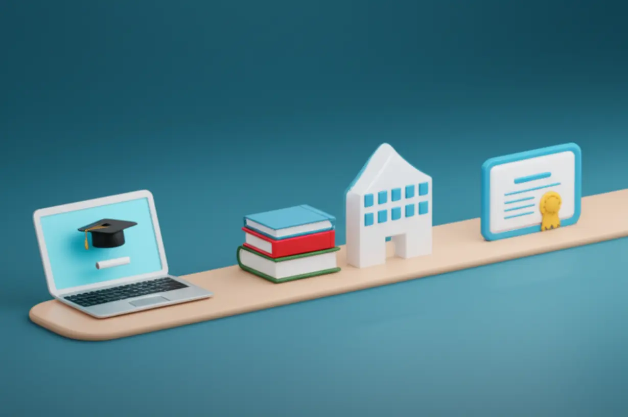 A-3D-diagram-showing-icons-representing-steps-in-acquiring-a-social-worker-license,-including-online-study,-practical-work,-and-receiving-a-certificate.