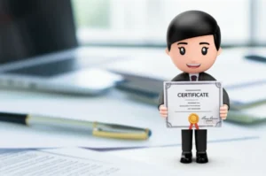 행정사-자격증을-들고-있는-사람과-서류,-펜이-있는-책상-이미지